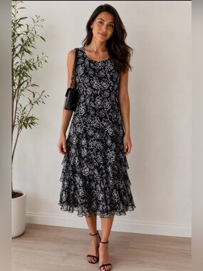 Chadwick’s of Boston Black Floral Dress – Size 8 –  Ruffle Detail Midi Dress